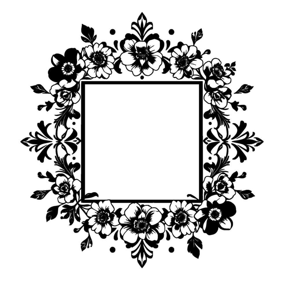 elegant black and white floral frame with square border for invitations, designs, and decorations. vector