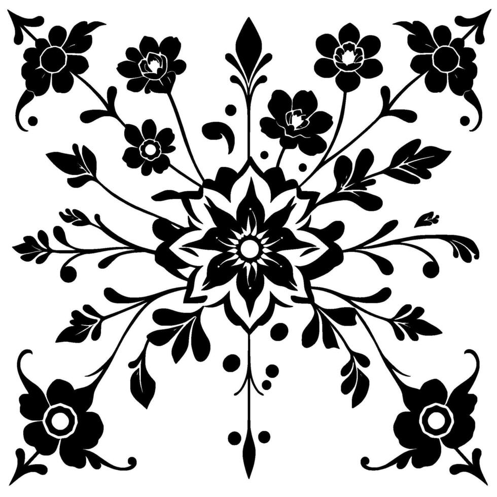 intricate black and white floral mandala with symmetrical arrangement of flowers, leaves, and decorative elements on white background. vector