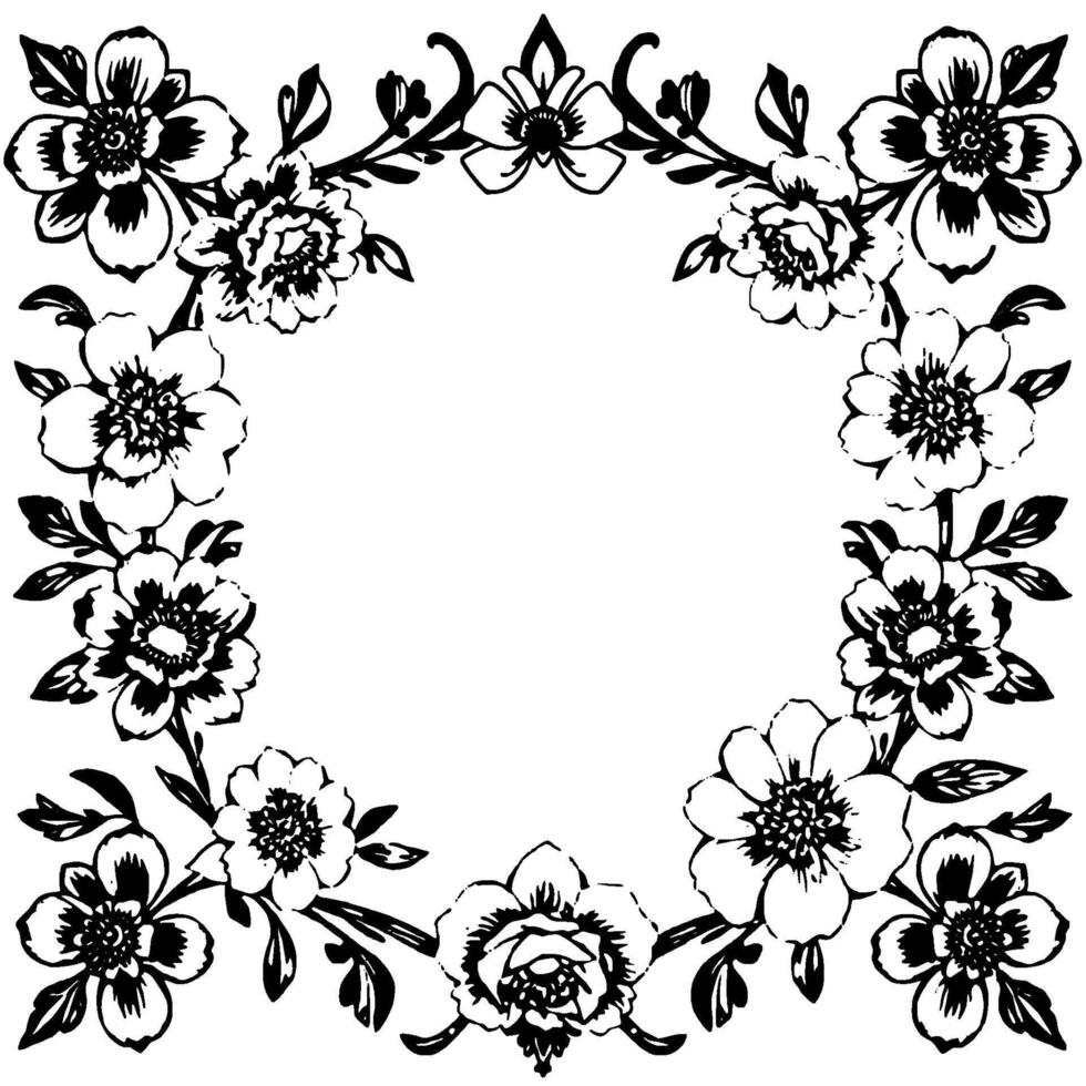 elegant black and white floral frame detailed line art of various flowers and leaves arranged in square composition on white background. vector