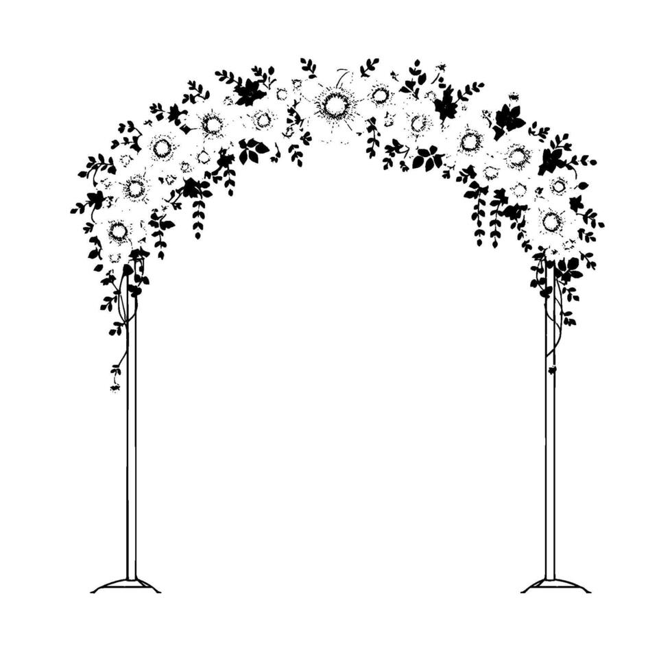elegant black and white floral wedding arch, botanical on a minimalist frame, perfect for ceremonies, symbolizing love and celebration. vector
