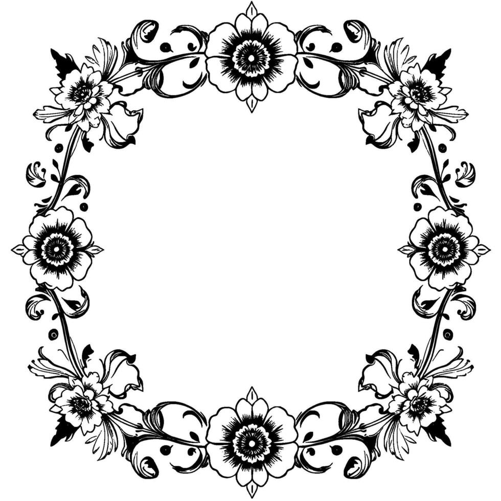 ornate floral frame a symmetrical, black and white featuring detailed flowers and curlicues bordering a blank center vector