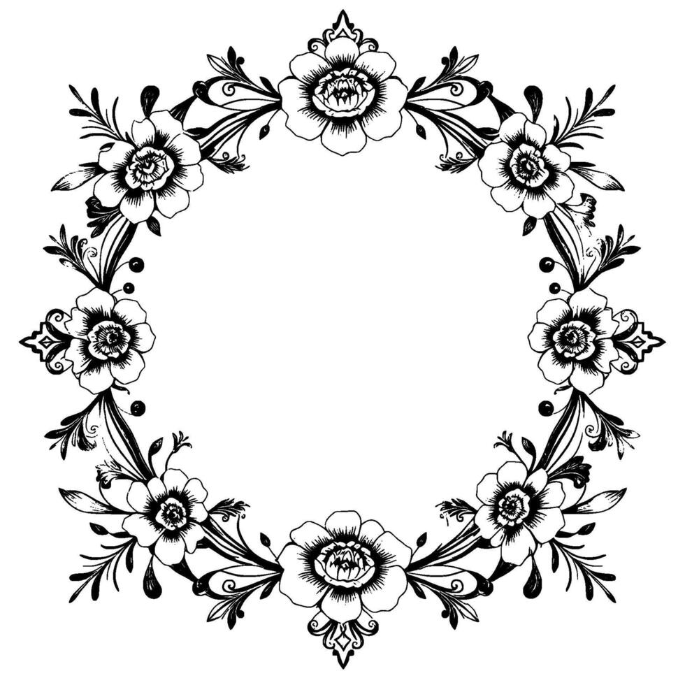 intricate floral wreath in black and white detailed pen ink drawing of a symmetrical flower arrangement for decorative use. vector