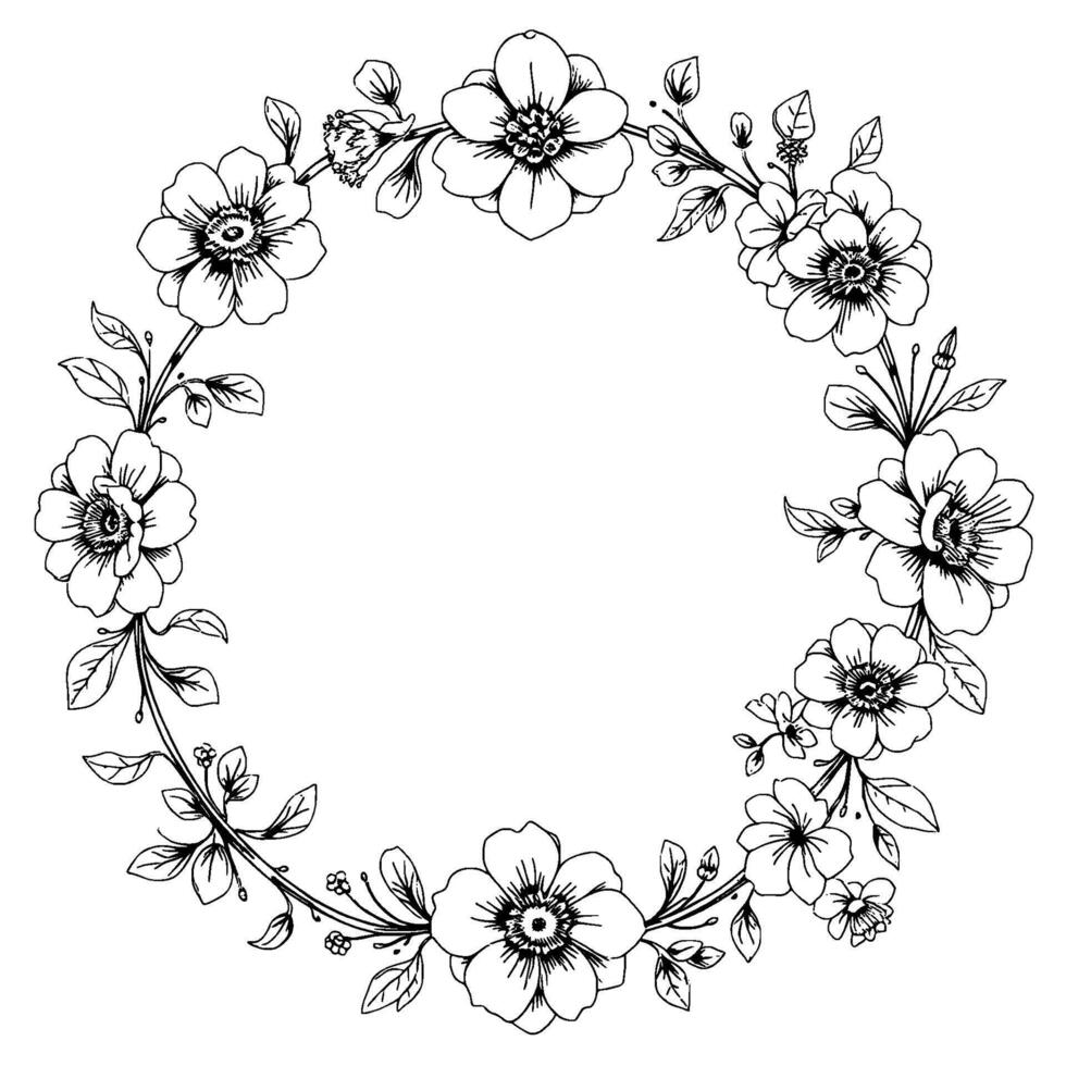 delicate handdrawn floral wreath , showcasing various flower types and leaves in intricate black and white linework. vector