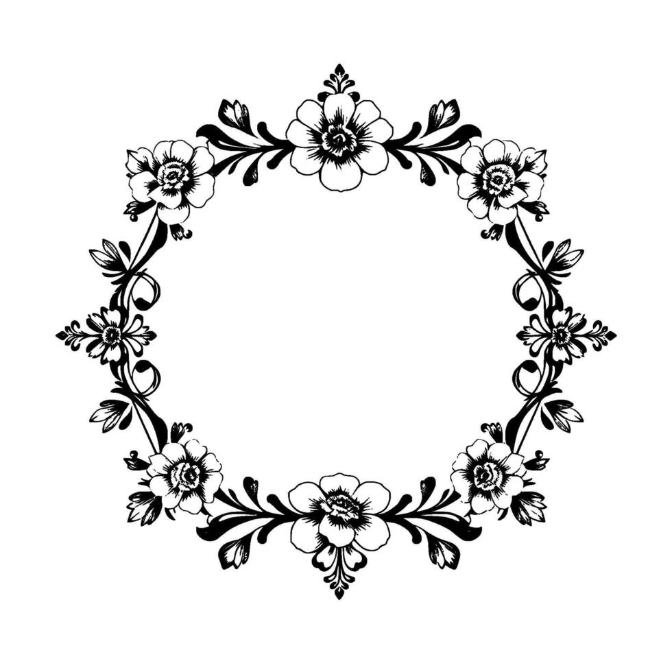 elegant monochrome floral wreath detailed penandink illustration of a circular ornament featuring flowers, leaves, and curvilinear elements on a white background. vector