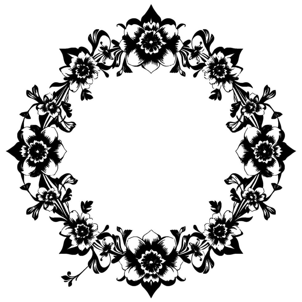elegant black and white floral wreath with intricate details, decorative border, and circular arrangement on white background vector