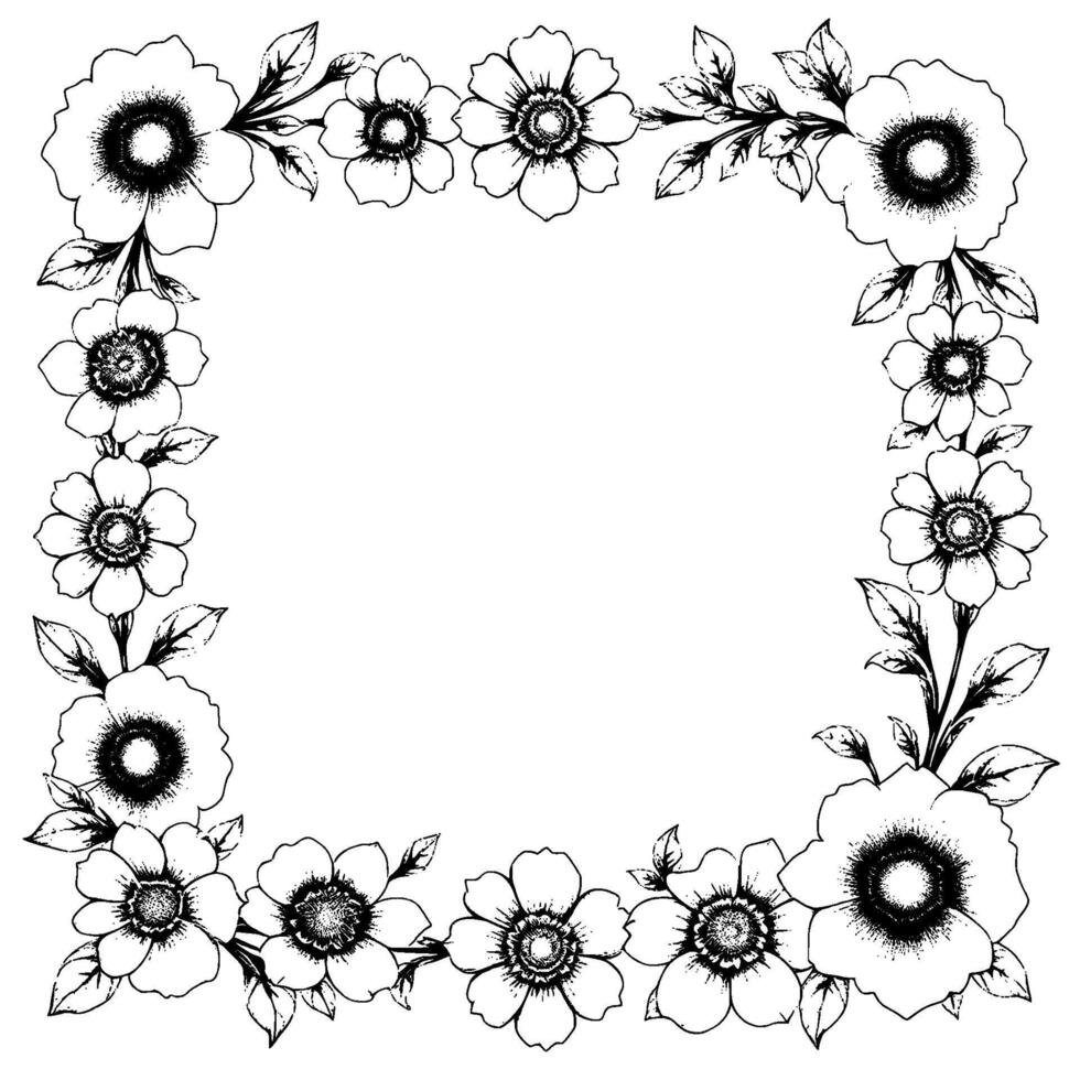handdrawn floral frame illustration, featuring black ink flowers and leaves surrounding blank white space, perfect for . vector