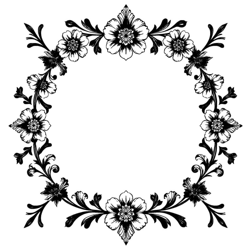 intricate black and white floral wreath detailed pen and ink illustration of flowers, leaves, and delicate curlicues forming a circular frame on a white background. vector