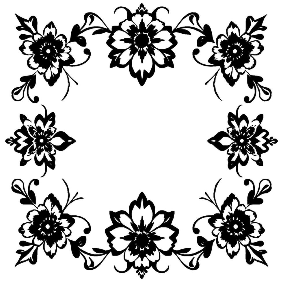 elegant floral frame in black and white, featuring detailed flower motifs and swirls, arranged in a symmetrical border. vector