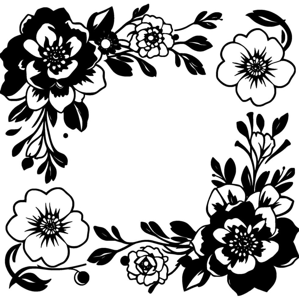 elegant black and white floral corner arrangement with blossoms, leaves, and vines for decorative frames and elements. vector