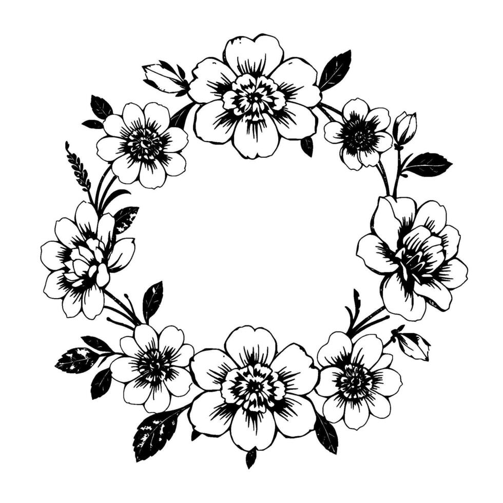 a detailed, black and white floral wreath, handdrawn style, featuring varied flower blooms, leaves, and buds, creating a circular decorative . vector