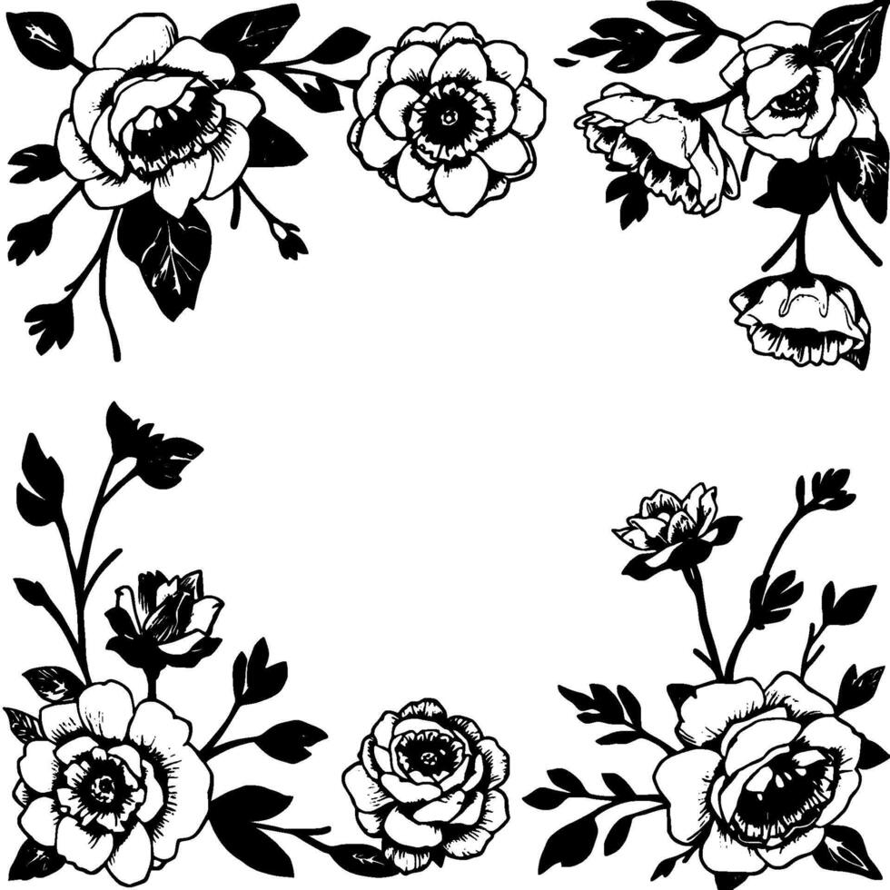 elegant black and white floral corner border with detailed ink drawings, leaves, and blooming flowers on white background. vector