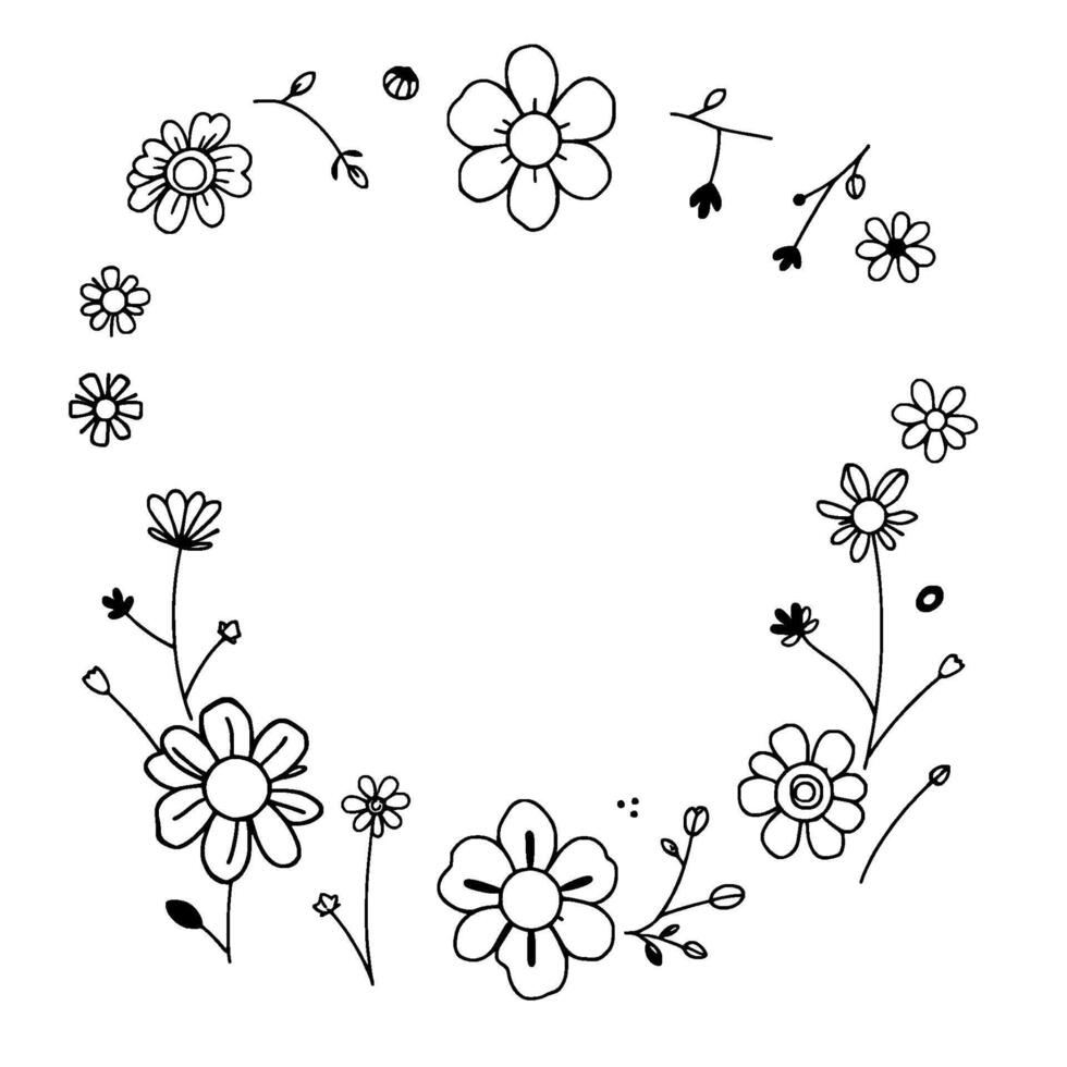 a delicate handdrawn floral wreath in black and white, featuring diverse flower types and leafy sprigs encircling blank space. vector