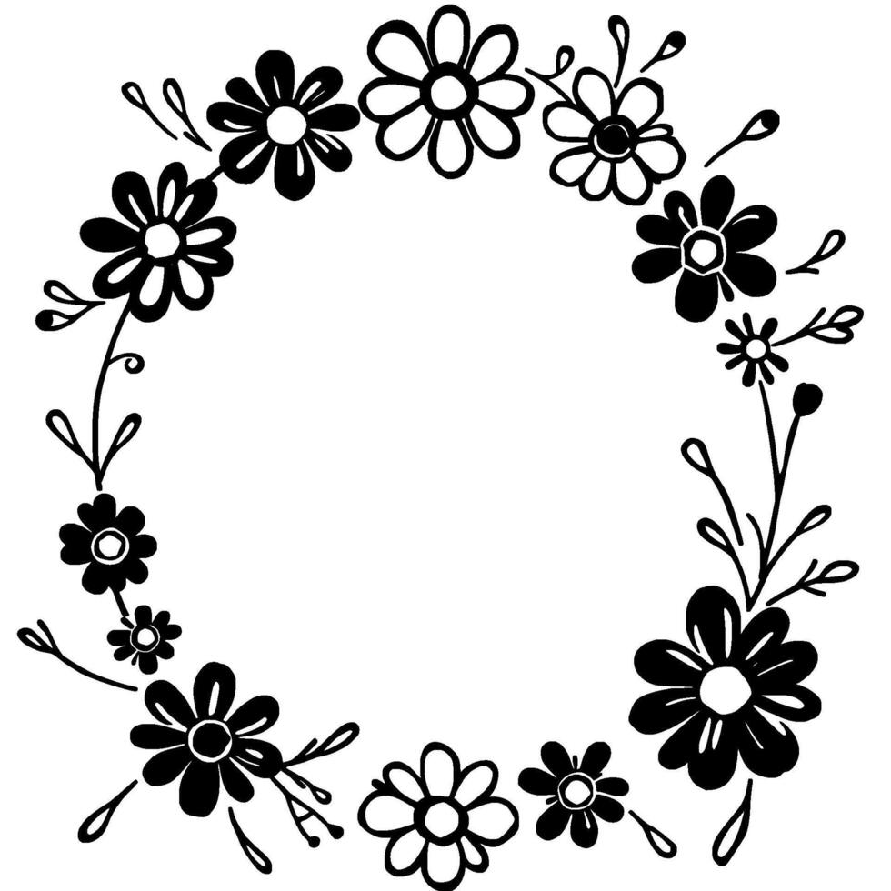 intricate black and white handdrawn floral wreath composition with various flower styles and leafy accents, circular arrangement on white backdrop. vector