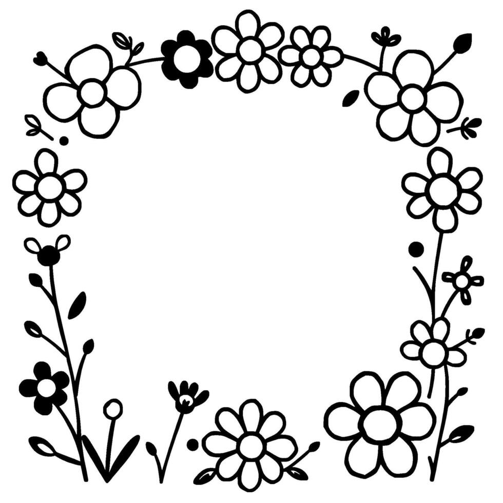 handdrawn floral wreath black and white circle frame with stylized flowers and leaves, artistic border for designs. vector