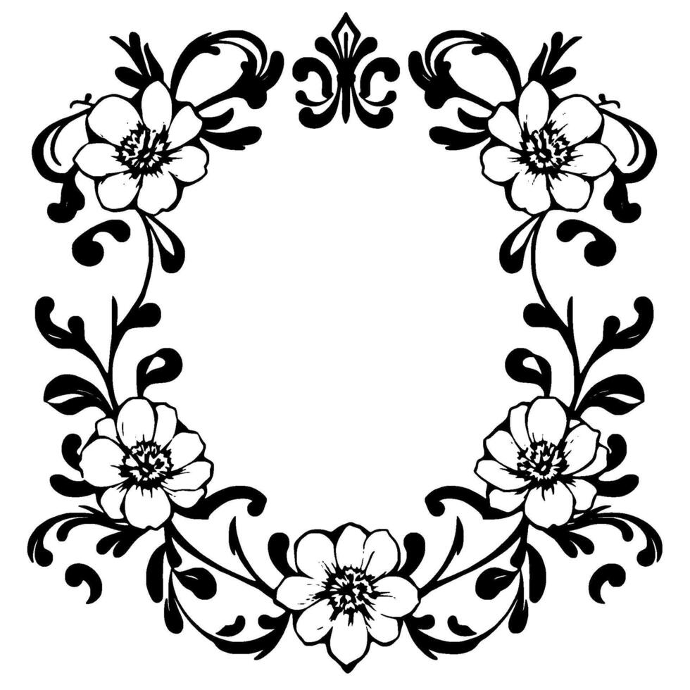 elegant, symmetrical black and white floral , framing a blank space, featuring stylized blossoms, leaves, and decorative flourishes. vector