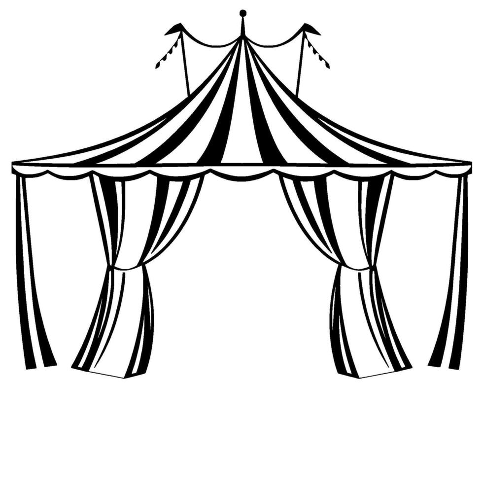 simple black and white circus tent silhouette with striped top and curtained entrance. illustration on white. vector