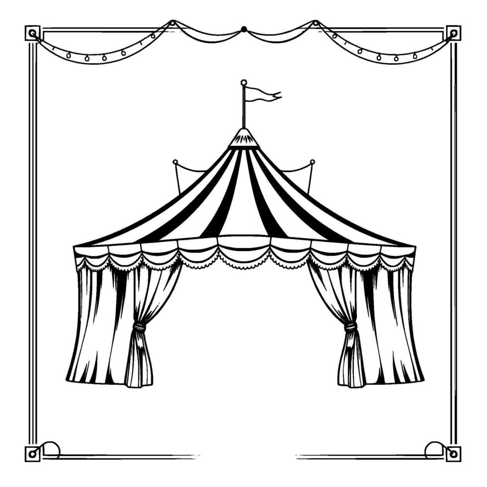 black and white illustration of a classic striped circus tent with curtains, flag, and decorative frame, evoking a vintage, nostalgic atmosphere. vector