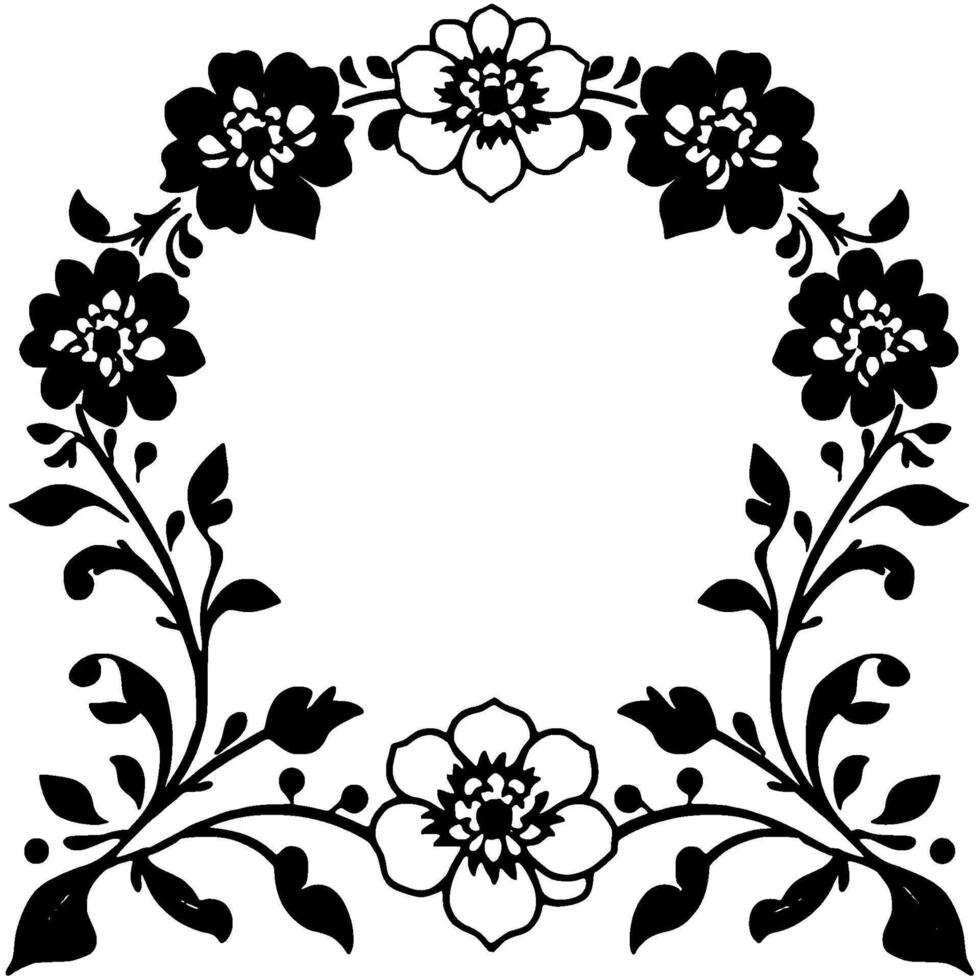 black and white floral forming an elegant, symmetrical border, featuring a mix of solid and outlined flowers and foliage. vector