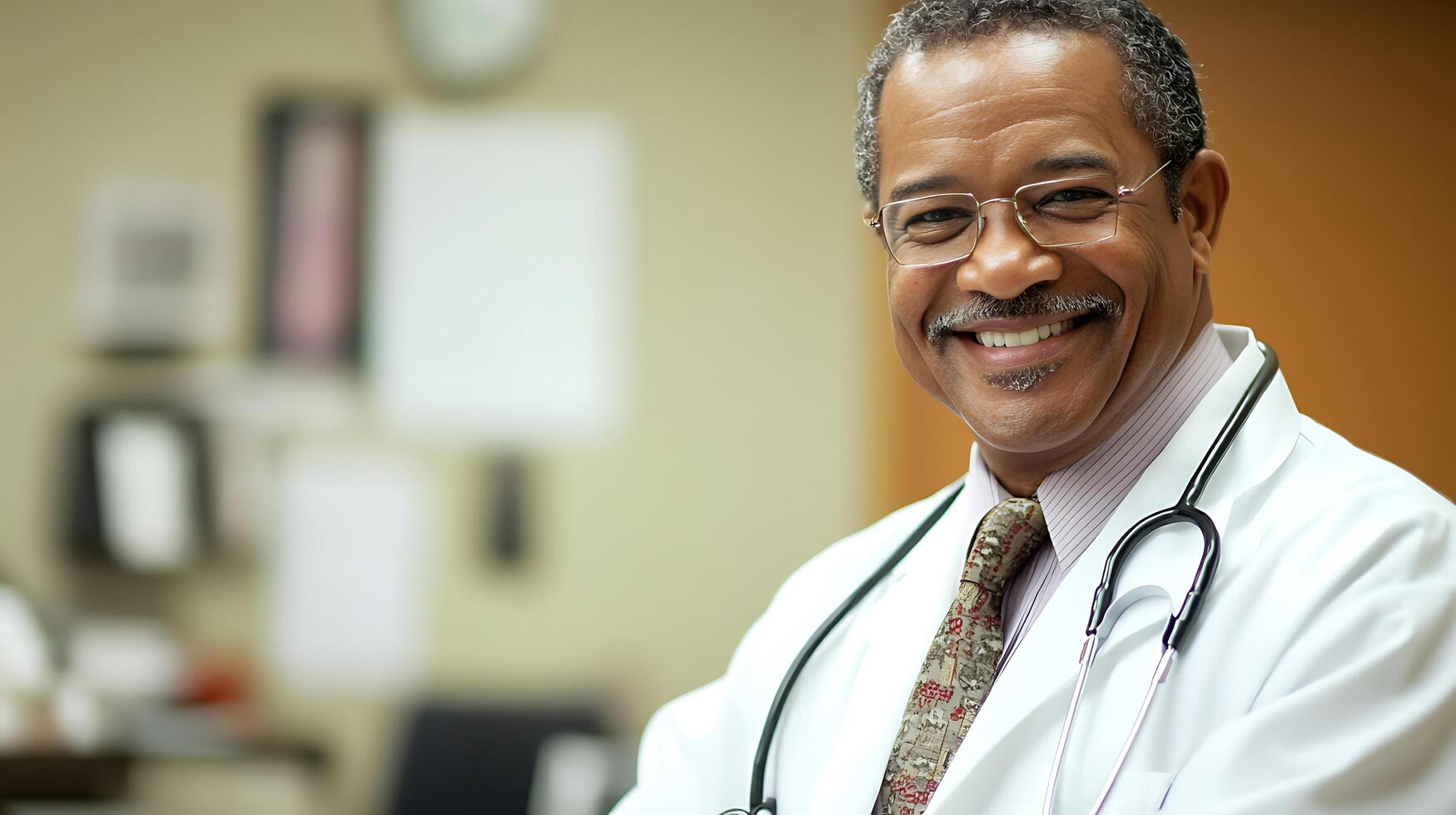 A smiling doctor with a stethoscope and glasses in a white coat radiates confidence and expertise in a professional setting photo
