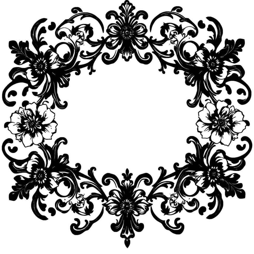 elegant black floral oval frame, ornate with detailed botanical elements and decorative flourishes on white backdrop. vector