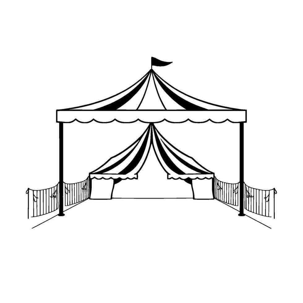 a black and white circus tent entrance, complete with a striped awning, small flag, and gated pathway, conveying a whimsical, nostalgic feeling. vector