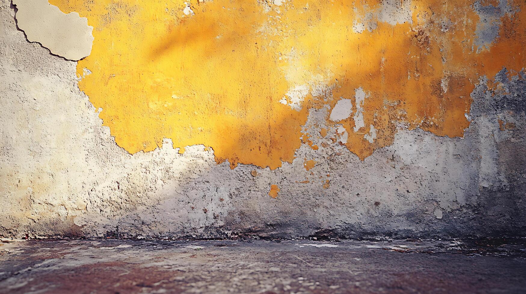 A wall with yellow paint and some cracks photo