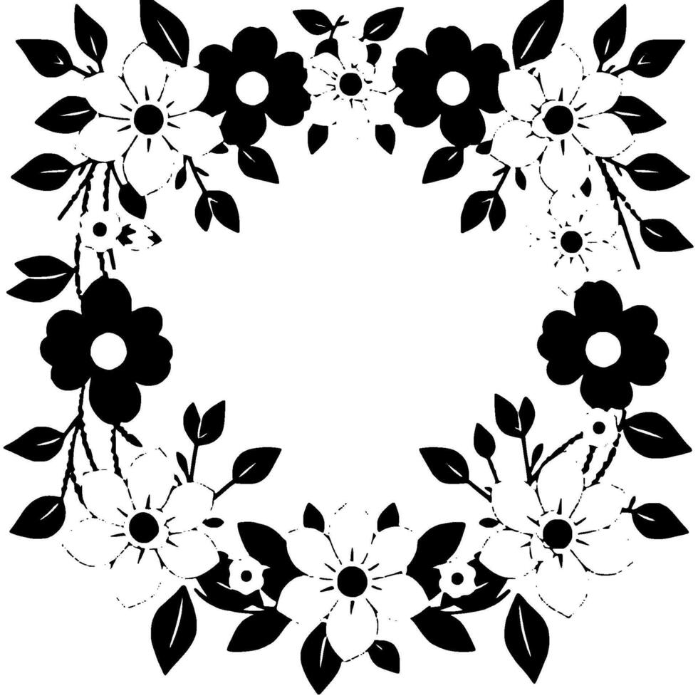 black and white floral wreath, symmetrical with stylized blossoms and leaves, forming a decorative border around blank space. vector