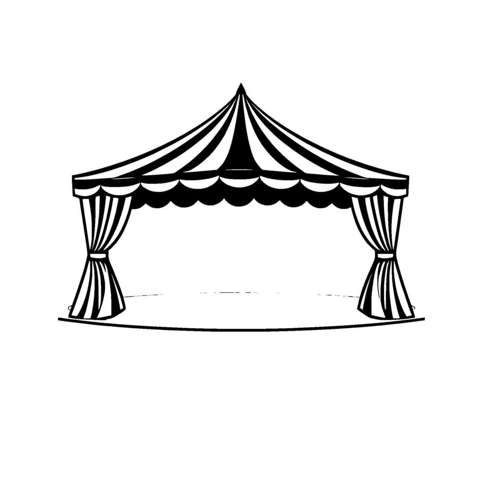 a monochromatic illustration of a circus tent with striped roof, scalloped valance, and draped curtains, set against a pure white background. vector