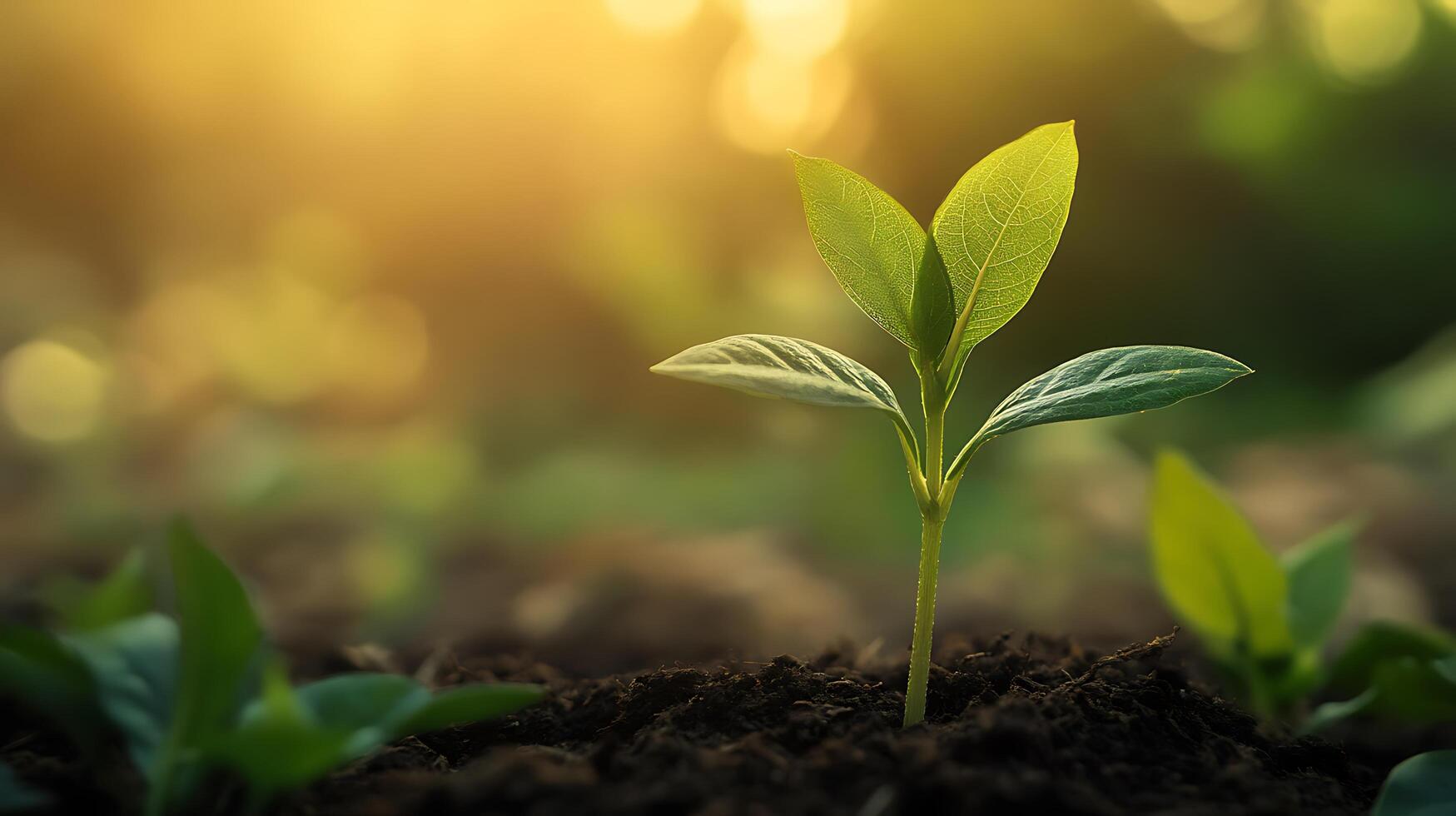 A vibrant green seedling emerges from rich dark earth bathed in the gentle warmth of sunlight symbolizing growth renewal and nature's resilience photo