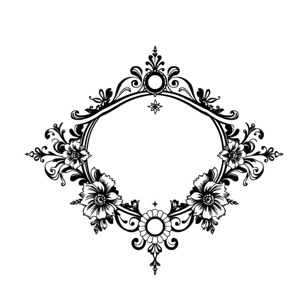 elaborate symmetrical black floral frame with ornate flourishes, star details, and an oval central space on white background. vector