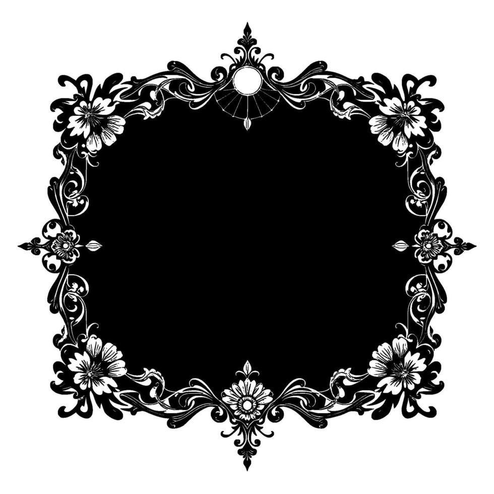 ornate black oval frame with floral and scrollwork border, moon and compass detail, white on black, vintage style vector