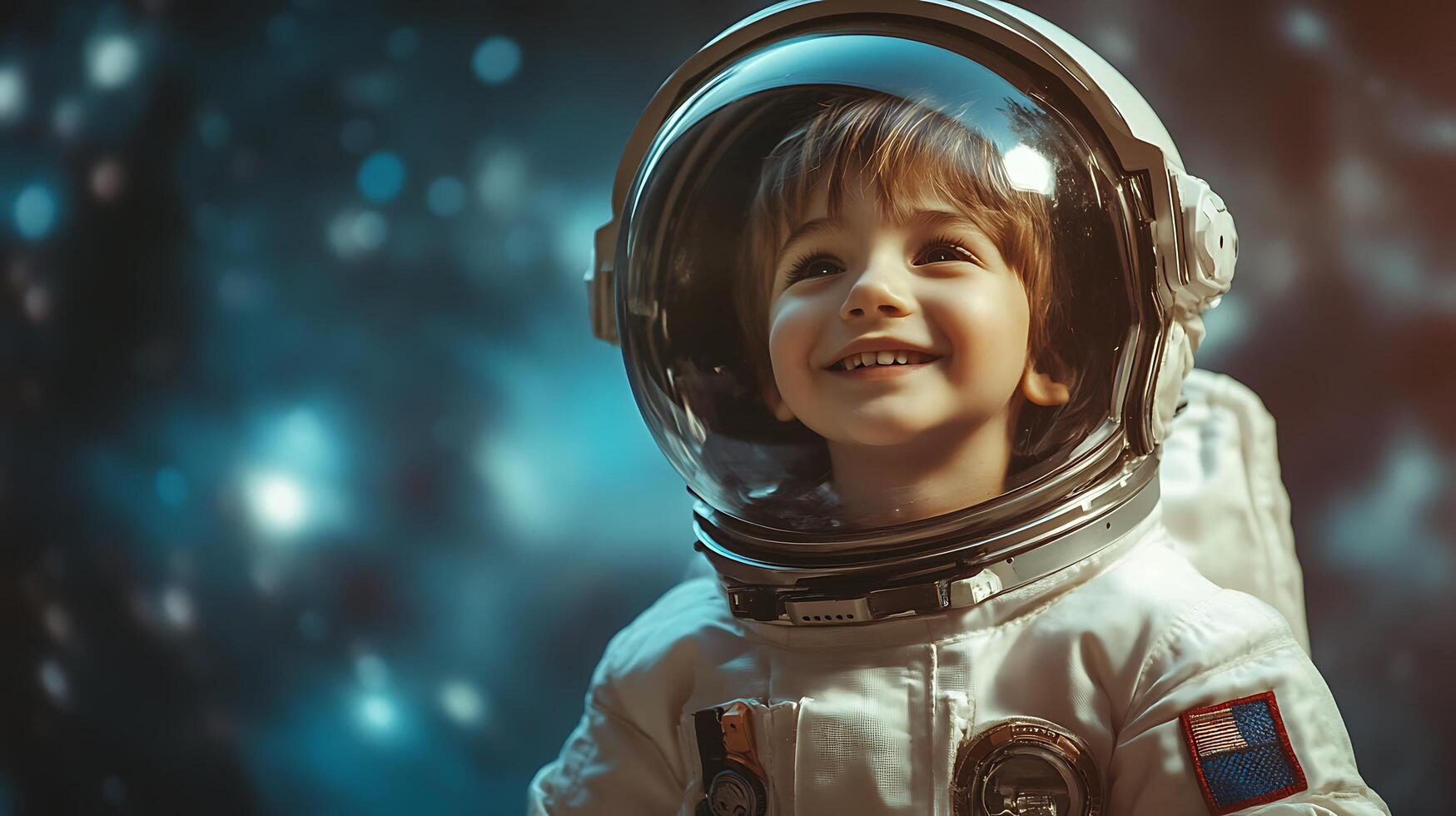 Young boy dreams of space travel wearing an astronaut suit and helmet gazing upwards with wonder against a backdrop of stars photo