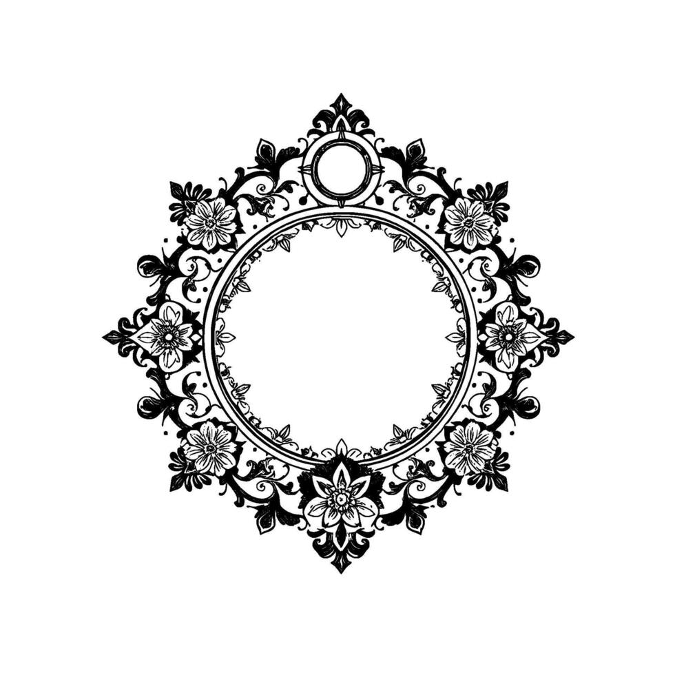 intricate floral mandala black and white pen drawing of a circular frame adorned with flowers, leaves, and decorative swirls on a white background. vector