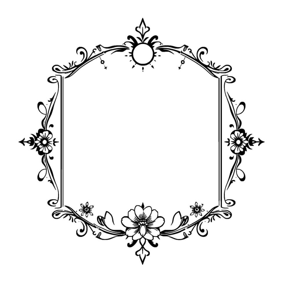 intricate black and white floral frame with ornate swirls, elegant blossoms, and detailed flourishes on white background. vector