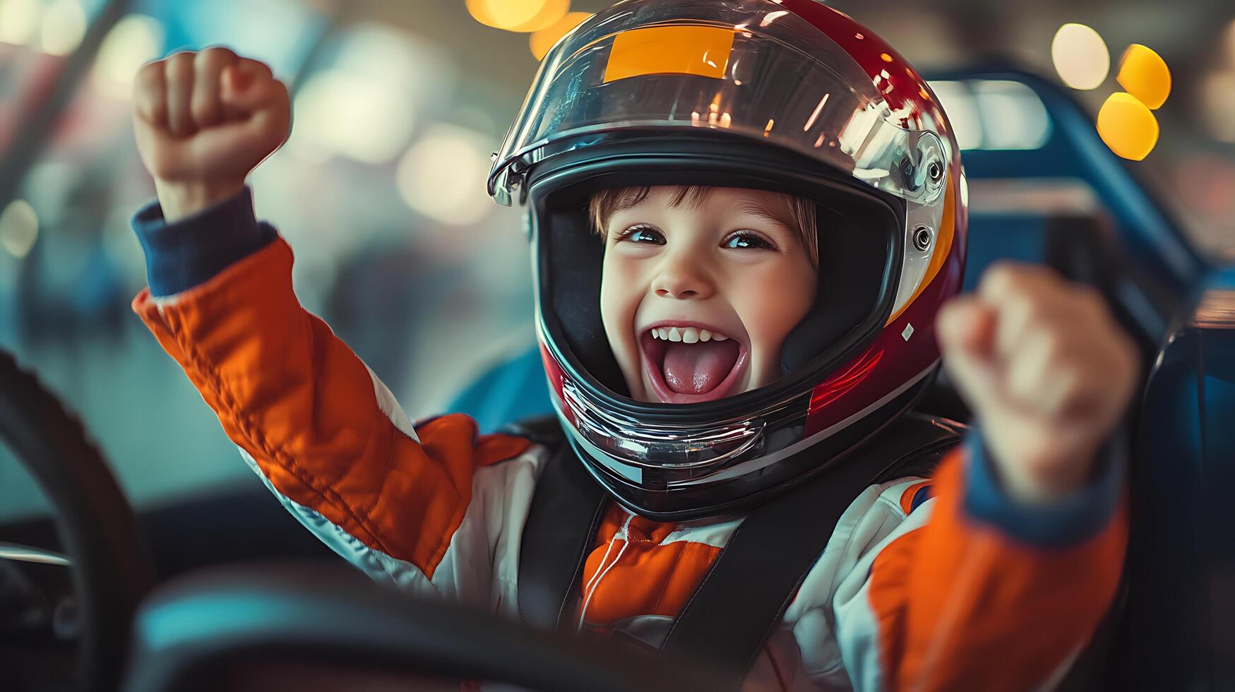 Child Racer Young boy celebrates a race victory in a helmet and racing suit radiating joy and triumph in a simulated race car photo