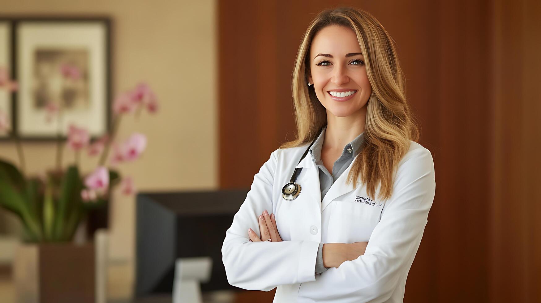 Portrait of a confident smiling doctor in a white coat with stethoscope in a clinic arms crossed with a plant on the background photo