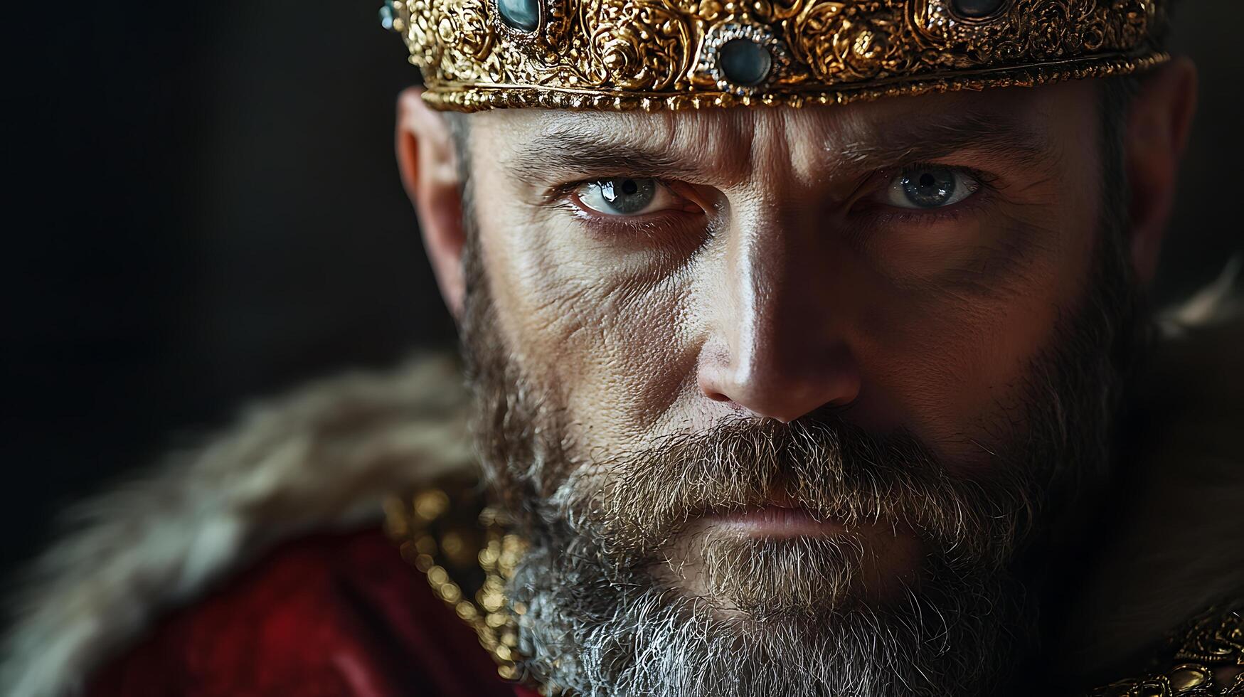 Stern-faced king with an ornate crown gazes intensely framed by fur-trimmed robes set against a dark backdrop embodying regal authority photo