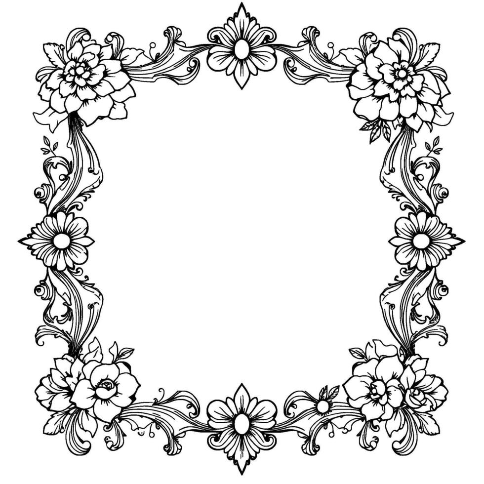 detailed, symmetrical square floral frame with intricate black and white line art, featuring roses, daisies and elaborate scrollwork. vector