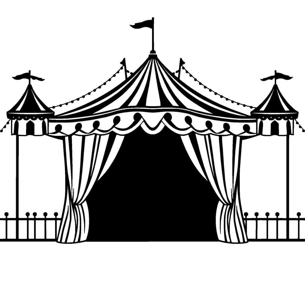 black and white circus tent illustration dramatic entrance with curtains, flags, and a festive, vintage atmosphere vector