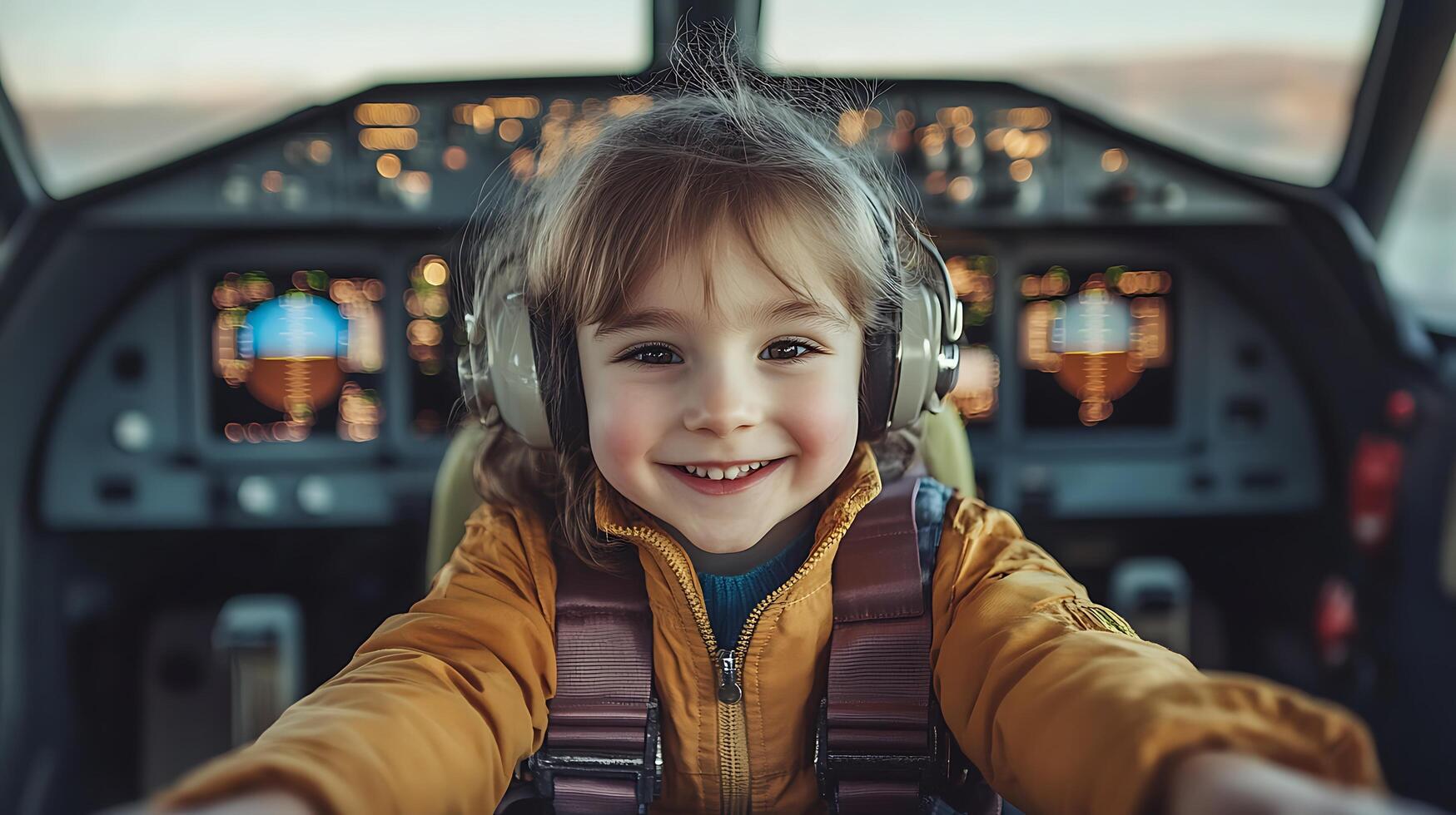 A young child smiles from the cockpit of an airplane wearing headphones harness and pilot's uniform embodying the dream of flying high photo