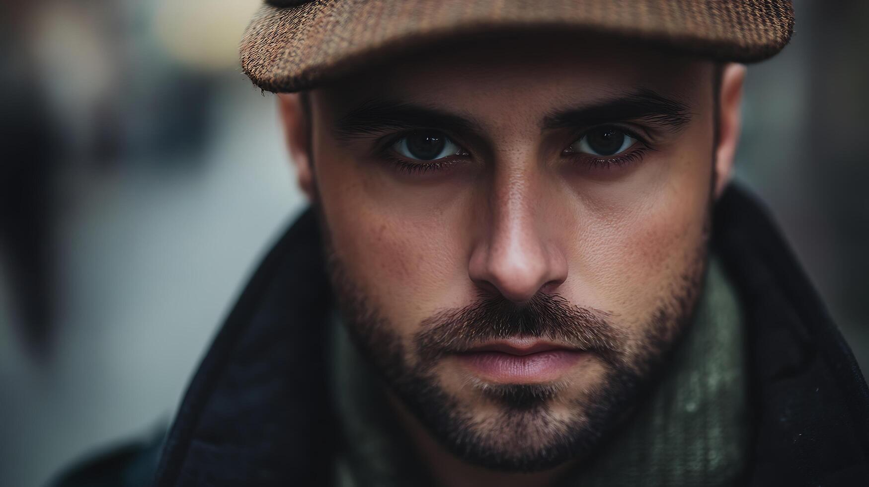 Intense portrait of a man with a beard and cap focusing on his eyes and serious expression The soft-focus adds to the mood photo