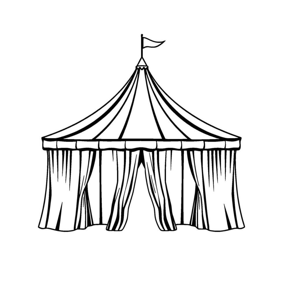 a simplified monochrome drawing depicts a classic circus big top tent with a flag at the apex and draped entrance, evoking a whimsical, vintage aesthetic. vector