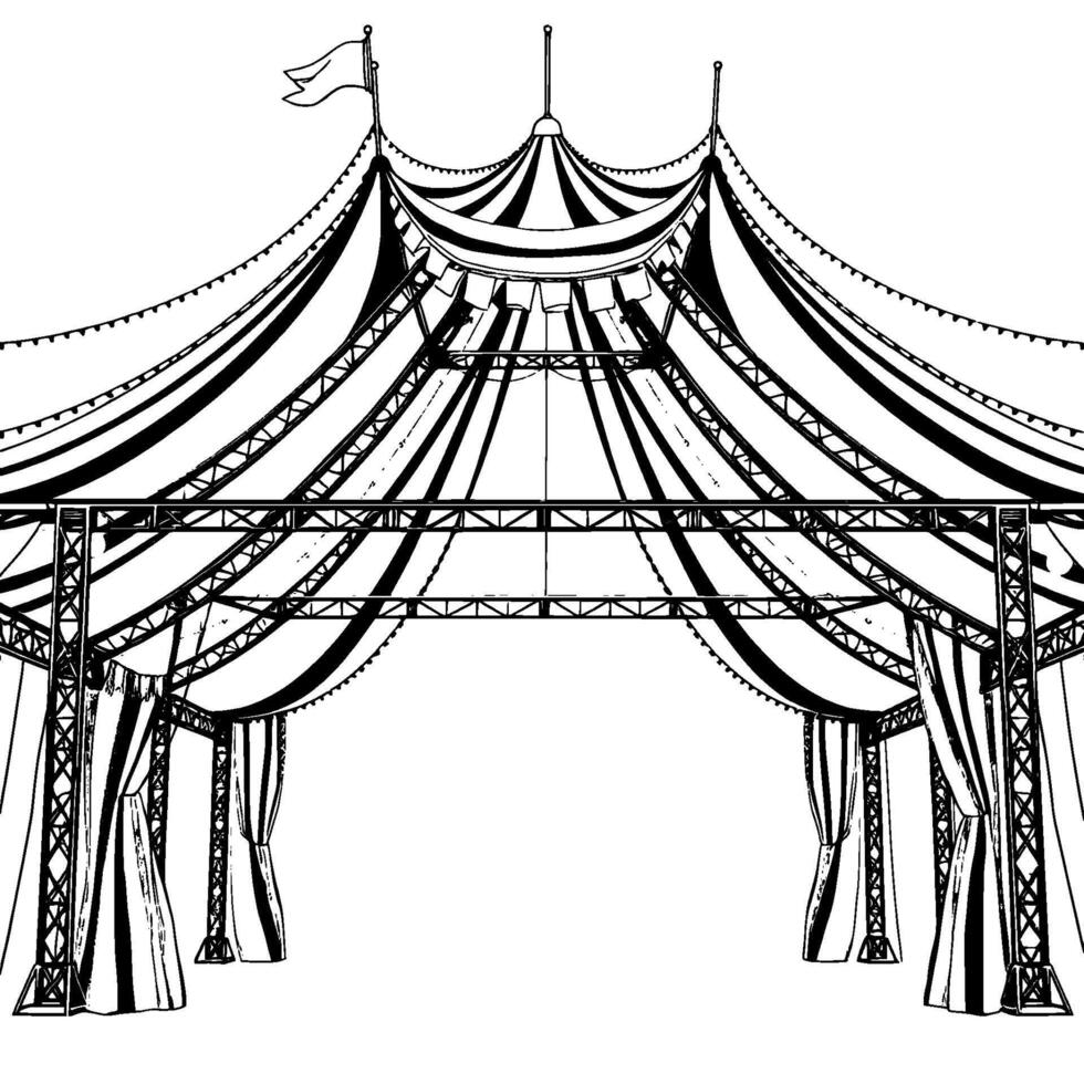 elegant black and white line art illustration of a circus tent with striped canvas and supporting metal structure. vector