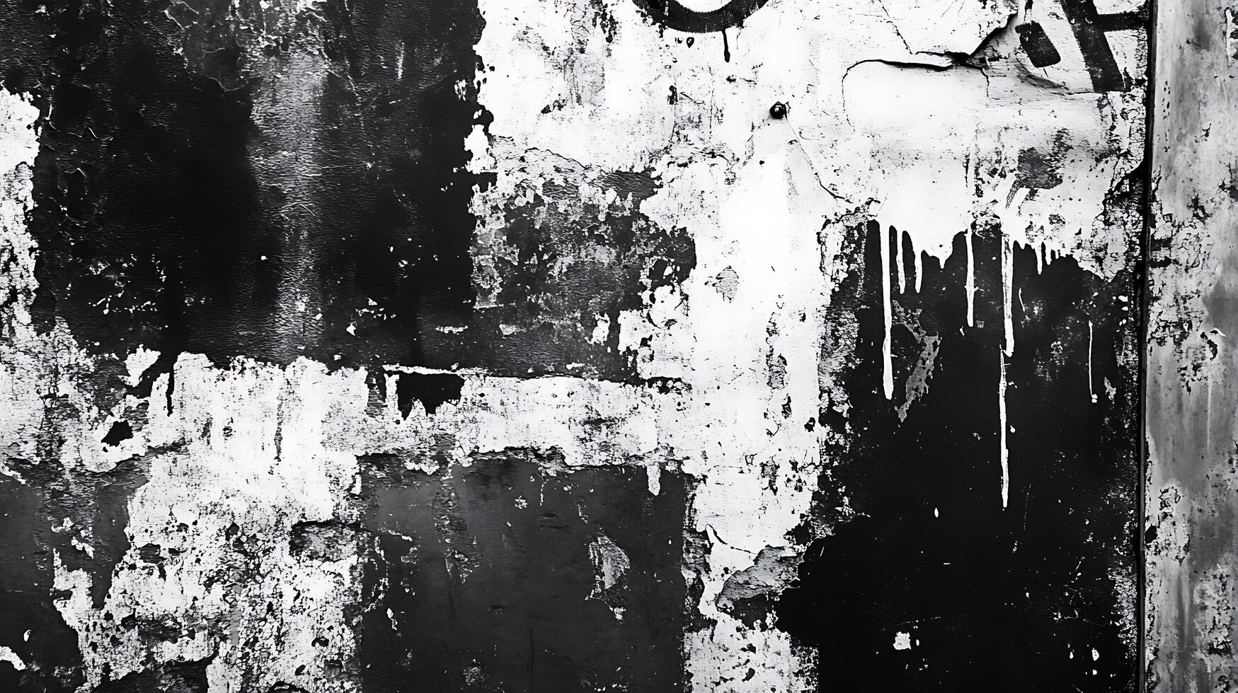 Textured black and white wall with peeling paint and drips creating an abstract and grunge-like appearance with stark contrasts photo