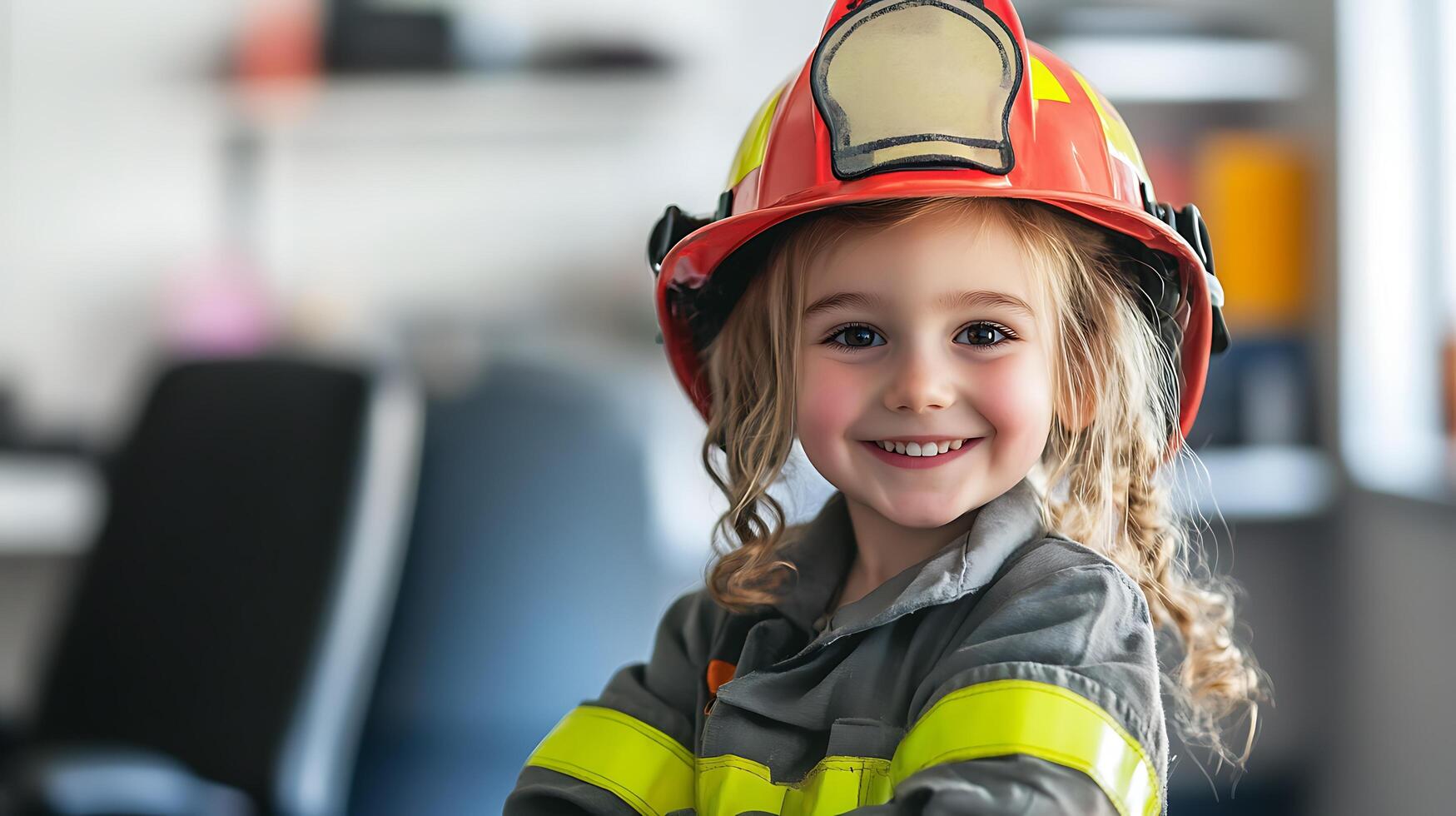 A young girl dressed as a firefighter smiles brightly She is wearing a fireman's helmet and uniform portraying a figure of courage photo