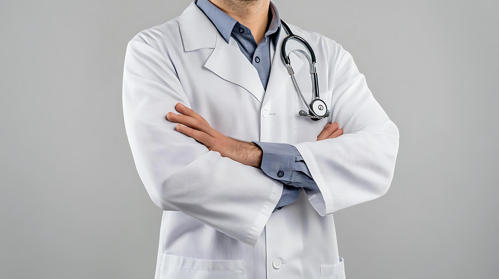 Confident doctor in a white coat with stethoscope Professional healthcare provider with arms crossed against a plain grey background photo