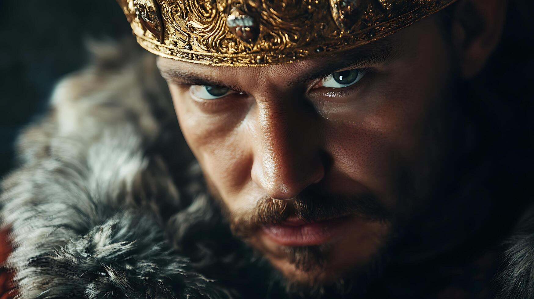 Stern ruler with an intense gaze wearing a golden crown and fur embodying power and authority in a historic period portrayal photo