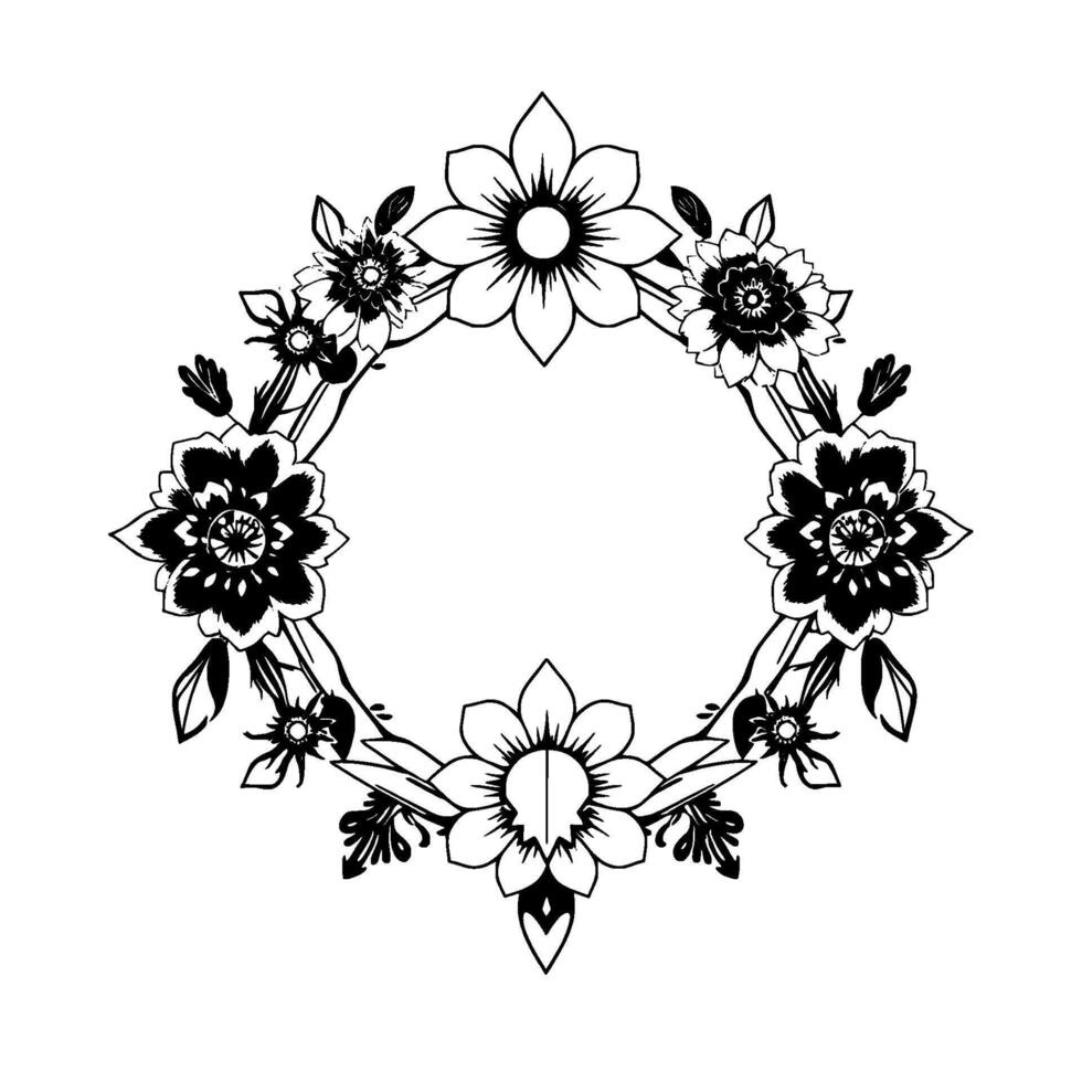 black and white floral wreath, symmetrical with detailed petals and leaves forming a circular frame. vector