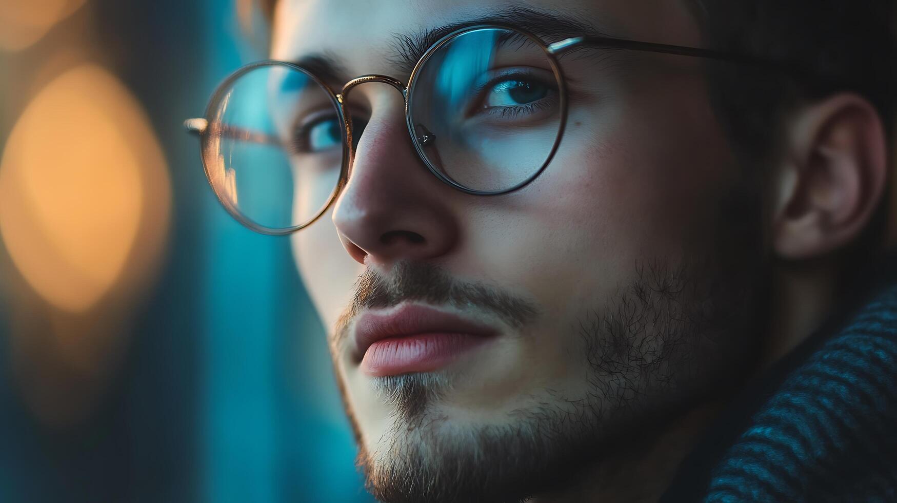 Portrait of a man wearing round glasses showcasing his gaze and facial details against a backdrop of blurred blue and yellow lights photo