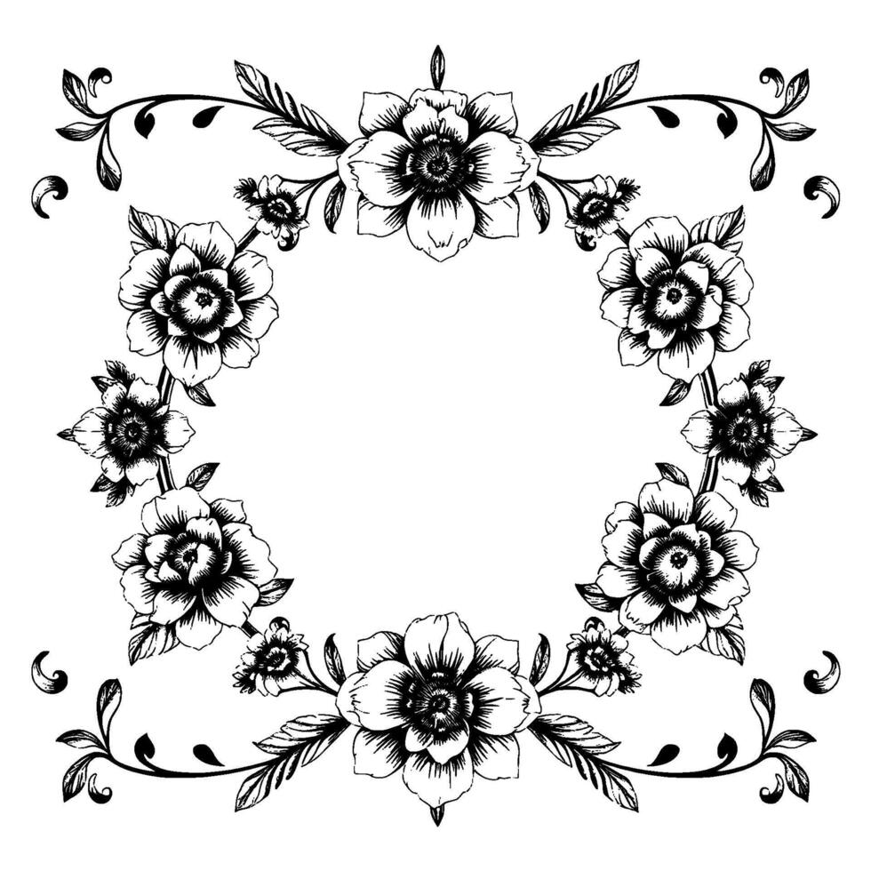 intricate black and white floral frame detailed pen and ink drawing of roses and leaves, symmetrical composition. vector